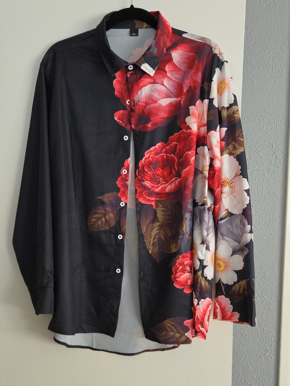 Black Floral Women's Button-Up Shirt with Red & White Blooms
